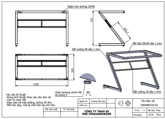 Khung bàn chữ Z 1100x500x730mm VNH286103-VNH086103