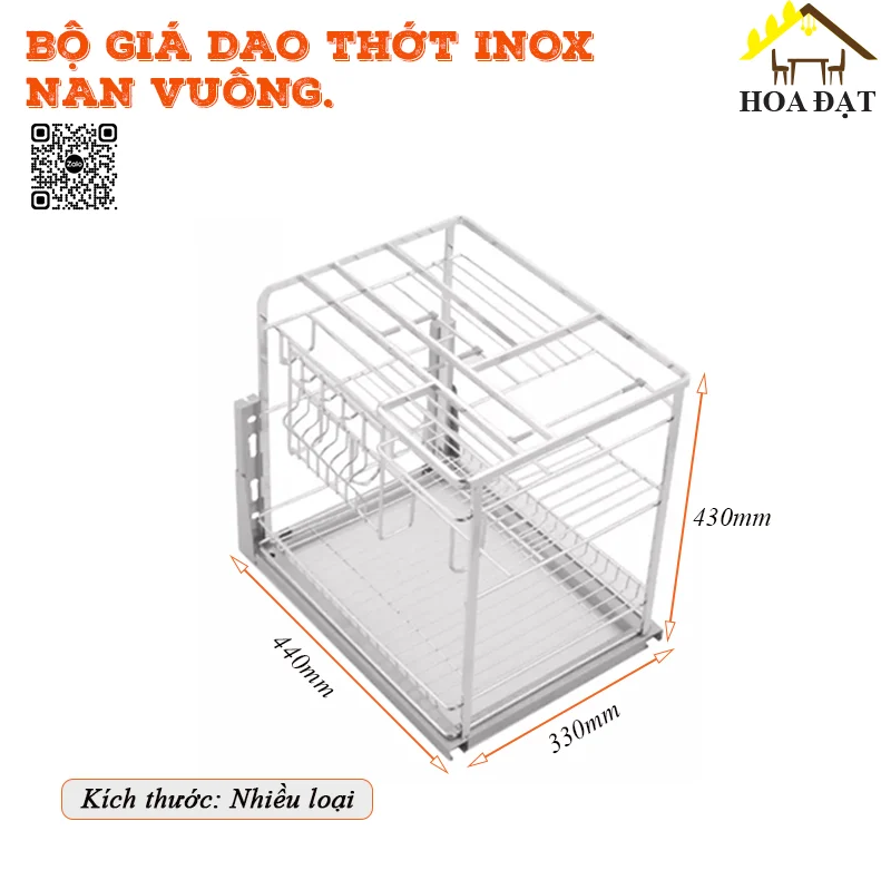 Giá dao thớt inox nan vuông VNH, ray giảm chấn 300mm, 350mm, 450mm - VNH167R350V