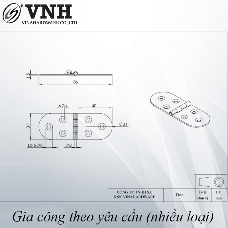 Bản lề lá bán nguyệt sắt, sơn đen, không lò xo 30x85mm - H0040B1-H0040B1