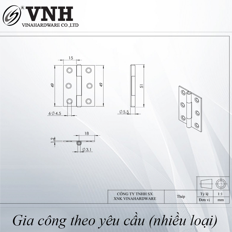 Bản lề lá xi đen 50mm*36mm dày 1.5 ly H5036D1