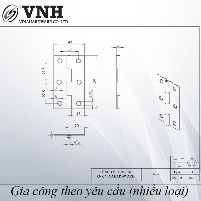 Bản lề lá inox dài 70mm ngang 40 mm dày 1mm HHL80