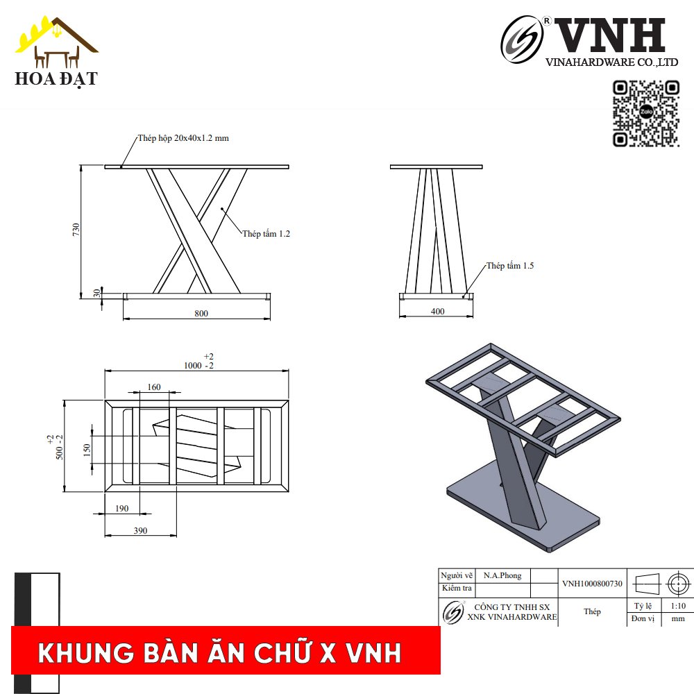 Khung bàn ăn mặt đá 1400x800x780mm, chân sơn đen - VNH148078