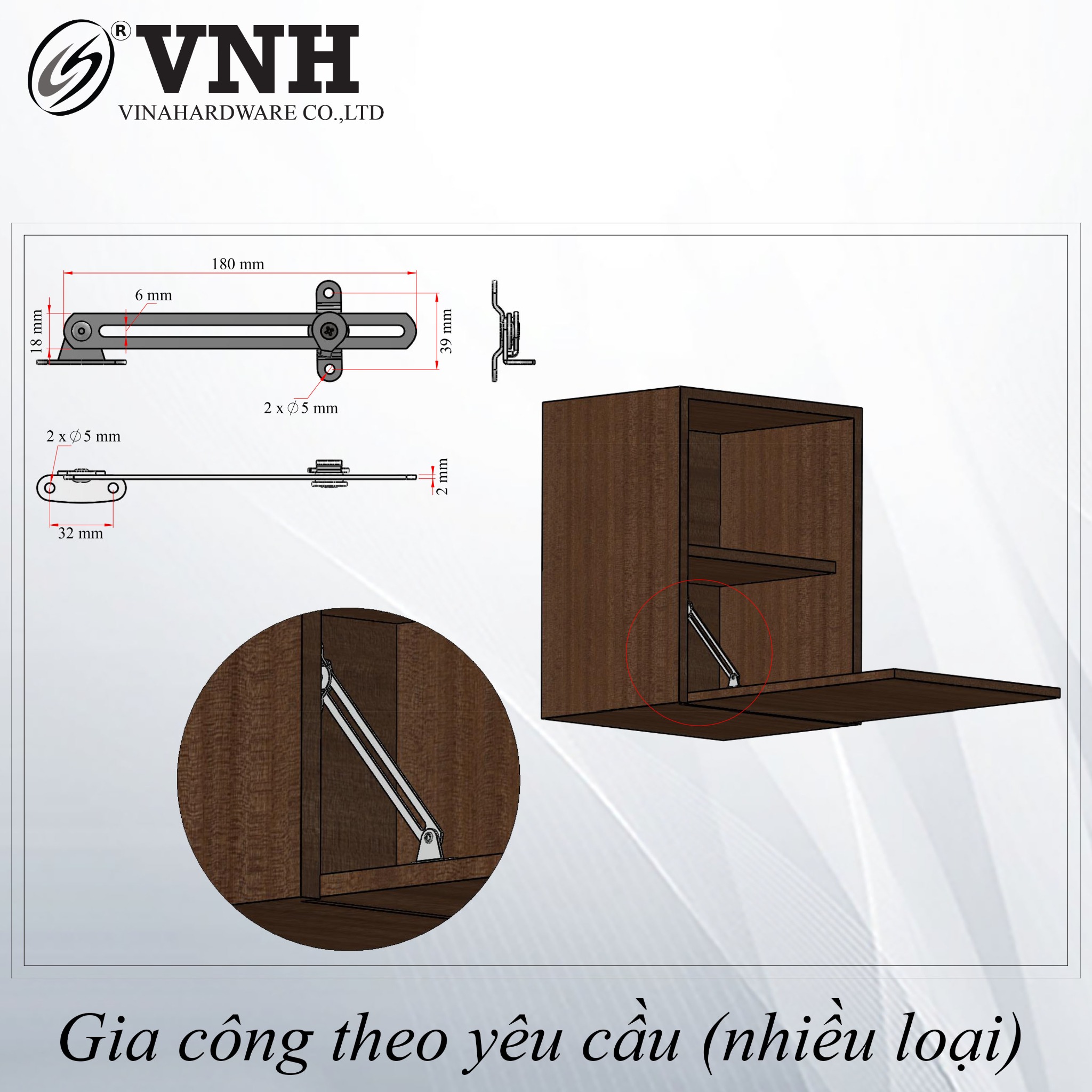 Tay nâng cánh tủ xi trắng 2x180mm, bulong bên phải LD9390Z-LD9390Z