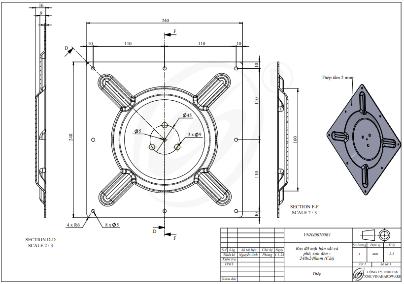 Mặt bích bàn vuông - Bas đỡ mặt bàn sắt cà phê, sơn đen  - 240x240mm - VNH400700B1