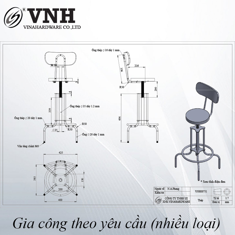 Ghế quầy bar cao 7500mm, sơn đen tĩnh điện - VNH00751