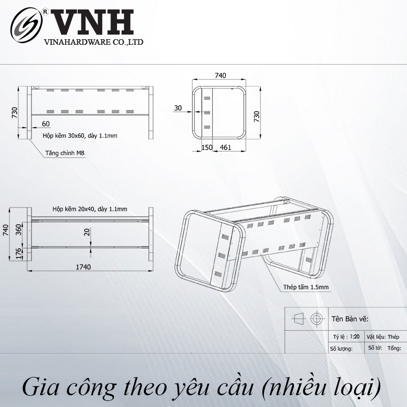 Khung bàn sắt, sơn đen - VNH1808750 - 1800x800x750 (Cái)