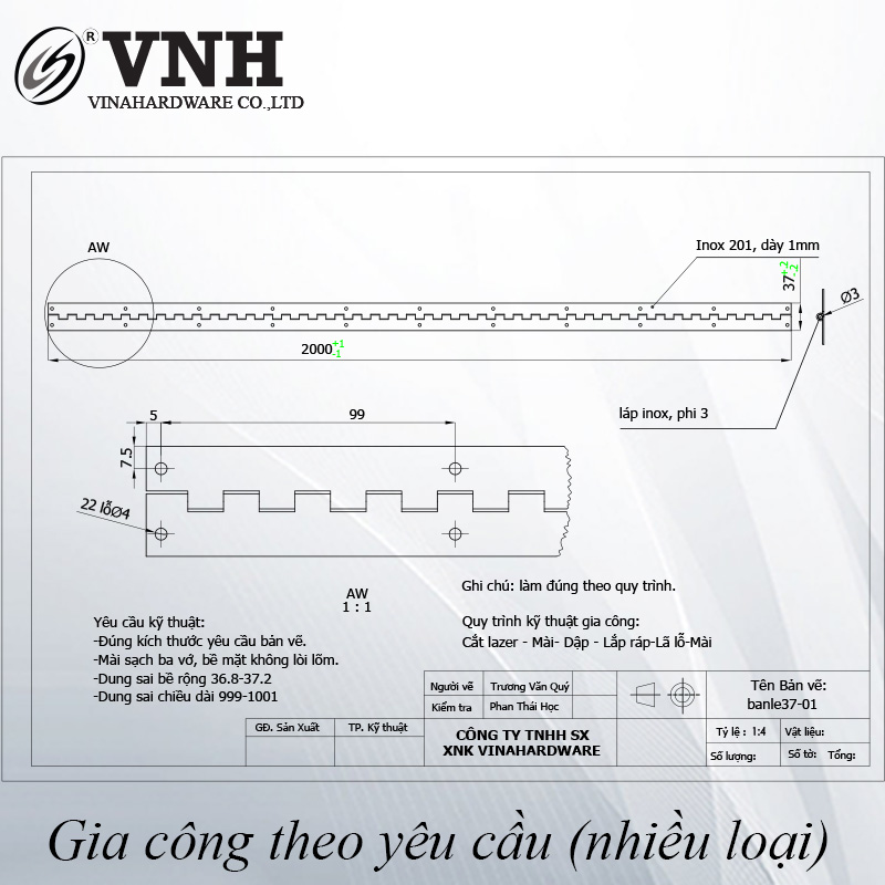 Bản lề lá piano bản 37mm, inox 201-VNH37250