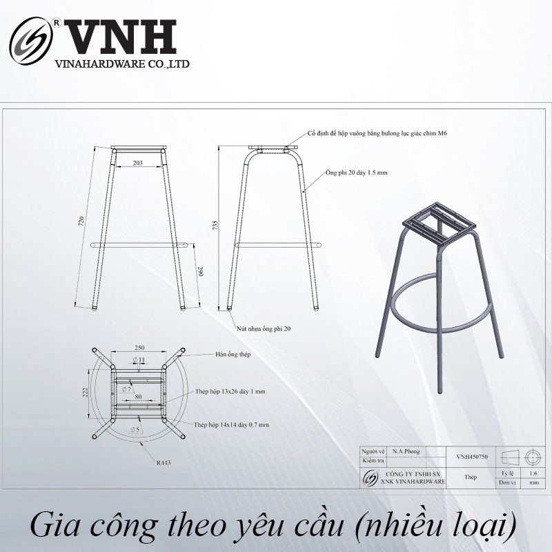 Ghế bar mặt gỗ wenge sắt sơn tĩnh điện - VNH450750