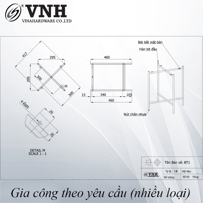 Khung bàn inox 304 460x400x295mm, chân xéo, màu vàng - VNH460295IN