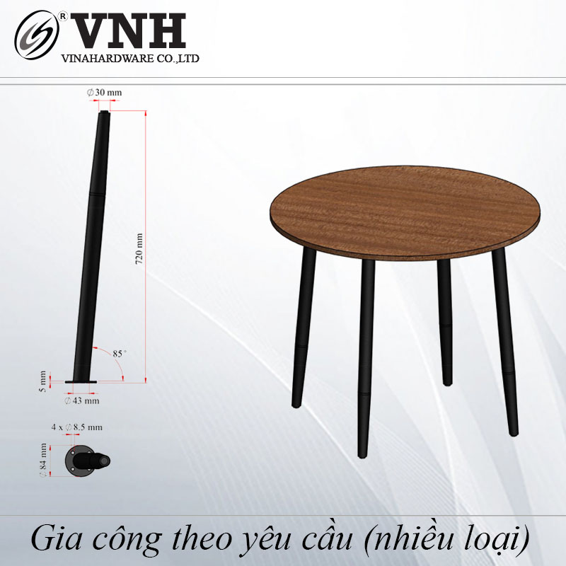 Chân bàn côn sơn đen tĩnh điện, Kích thước côn: 43mm-30mm dài 720mm - VNH4830720