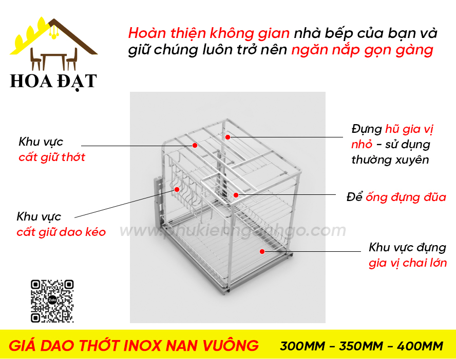 Giá dao thớt inox nan vuông VNH, ray giảm chấn 300mm, 350mm, 450mm - VNH167R350V