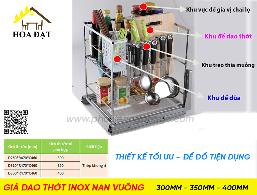 Giá dao thớt inox nan vuông VNH, ray giảm chấn 300mm, 350mm, 450mm - VNH167R350V