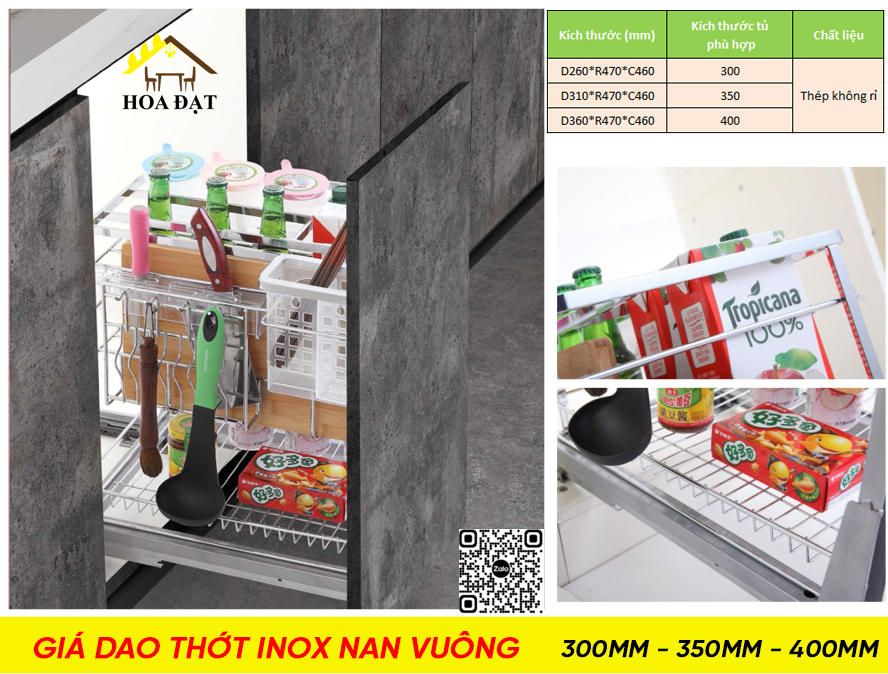 Giá dao thớt inox nan vuông VNH, ray giảm chấn 300mm, 350mm, 450mm - VNH167R350V