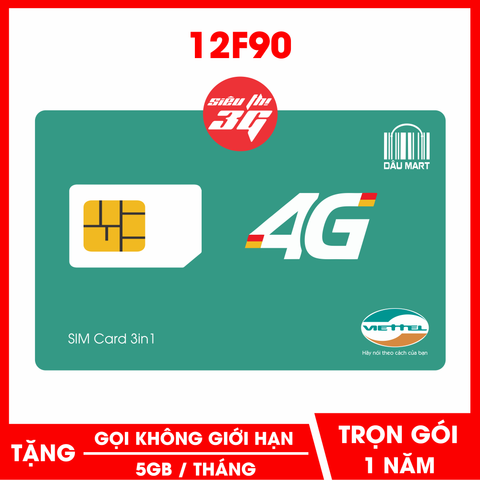  SIM 4G Viettel 12F90 Trọn Gói 1 Năm Gọi SMS Miễn Phí Và Tặng 5GB/Tháng 