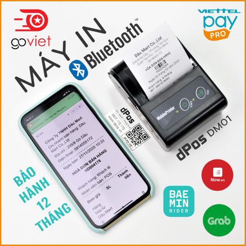  Máy in hóa đơn bluetooth dPos DM01 in bill từ ứng dụng Viettelpay pro, KiotViet, Sapo, Loyverse, GoViet, BeaMin, Now 