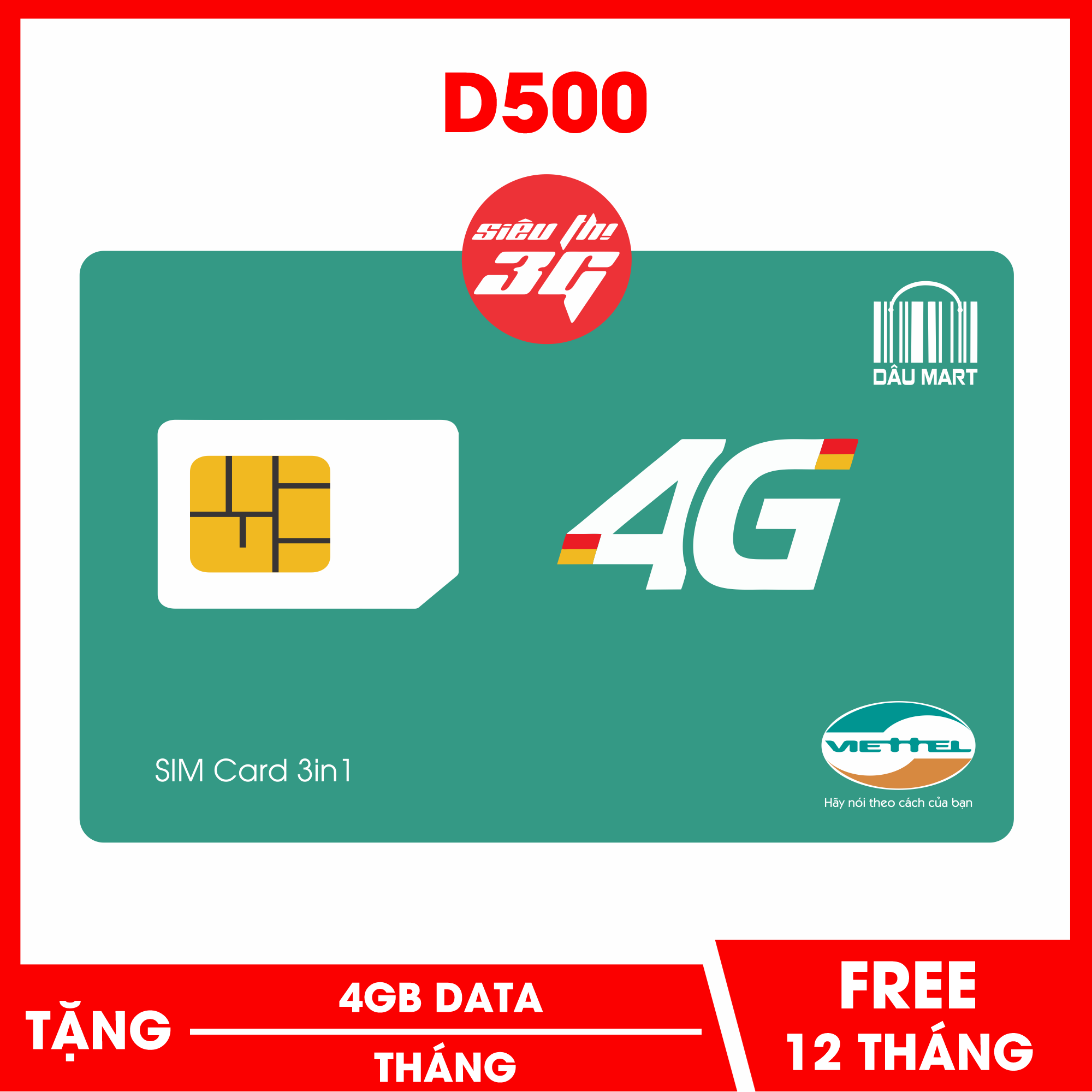 SIM 4G Viettel D500 Trọn Gói 1 Năm Với 4GB/Tháng