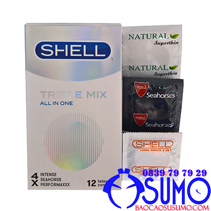 Bao cao su Shell Triple Mix All in One Tất cả trong một hộp 12 chiếc.