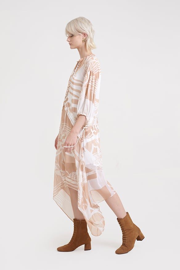 Đầm suông rộng họa tiết fall18 nút thân trước
