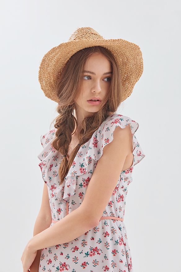 Đầm midi bèo vai in hoa nhỏ viền