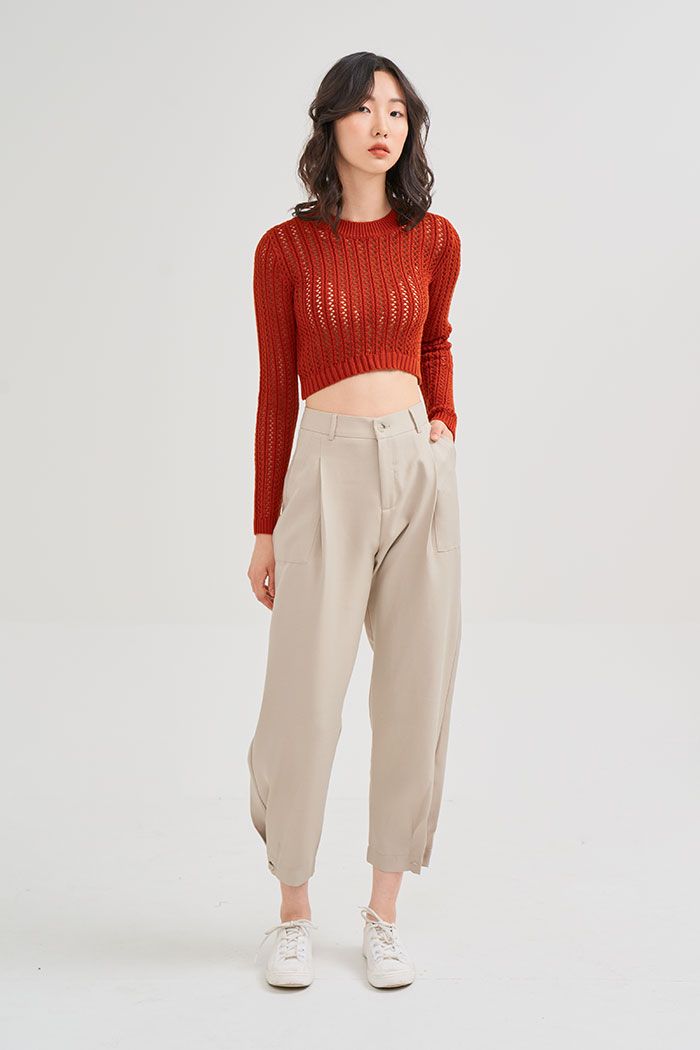 Áo thun croptop dệt kim tay dài đan hình thoi