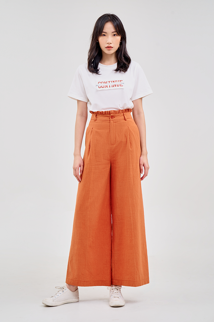 Quần dài linen bèo lưng ống suông giấu giầy