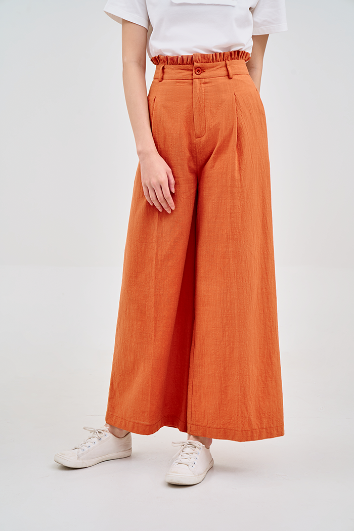 Quần dài linen bèo lưng ống suông giấu giầy