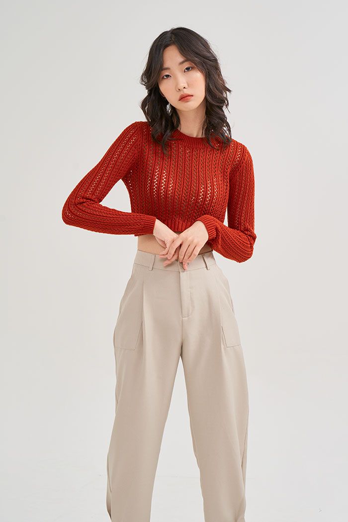 Áo thun croptop dệt kim tay dài đan hình thoi