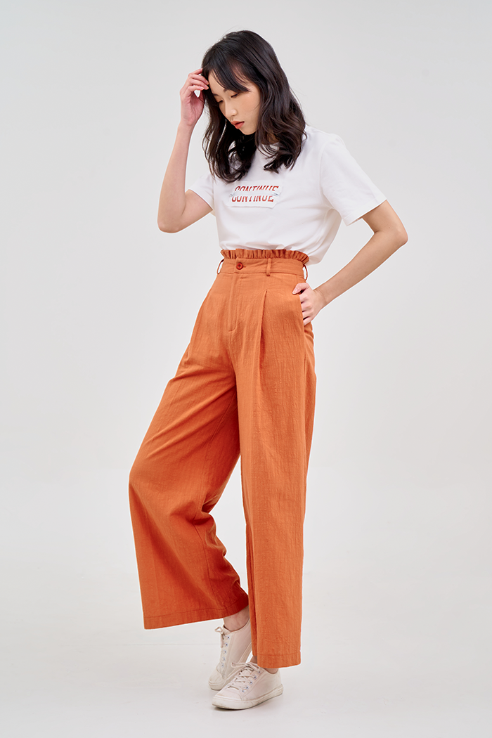 Quần dài linen bèo lưng ống suông giấu giầy