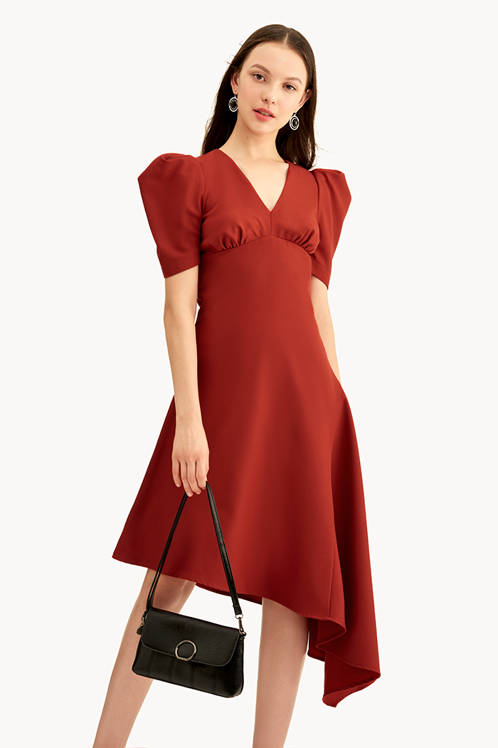 Đầm midi tay phồng tùng xéo