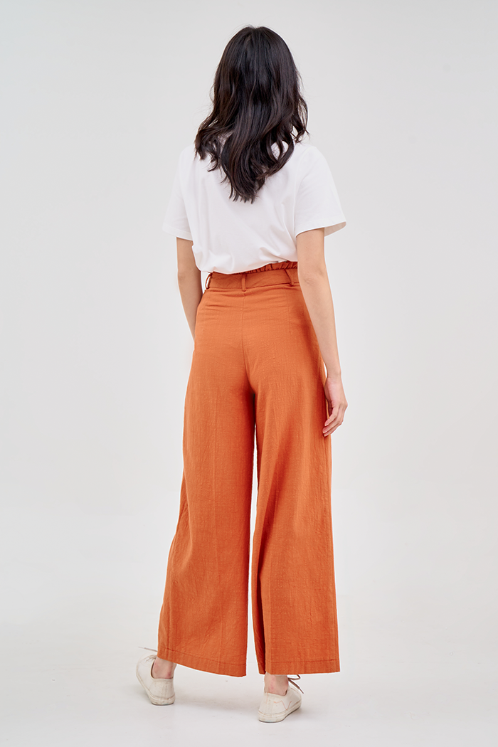 Quần dài linen bèo lưng ống suông giấu giầy