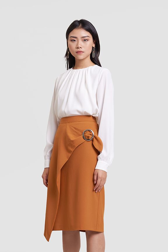 Váy midi đắp tùng trước đính khoen tròn