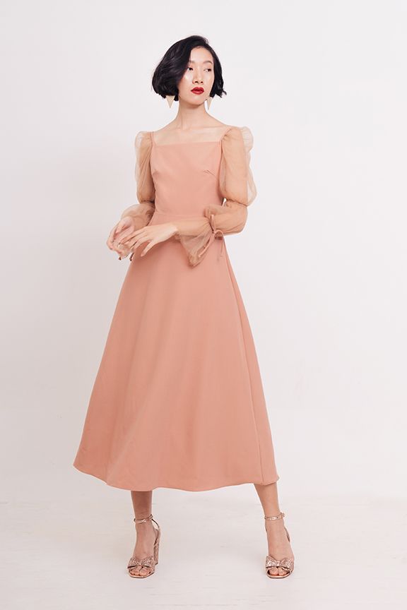 Đầm dài phối sheer nhún tay