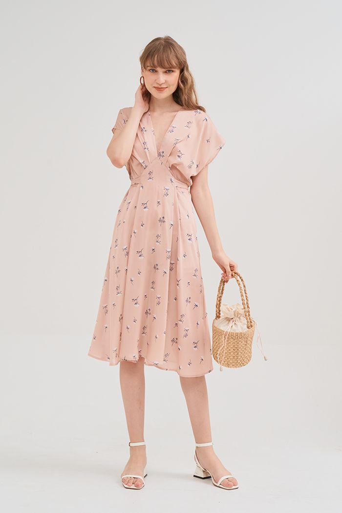 Đầm lụa midi in hoạ tiết fall19 tay liền
