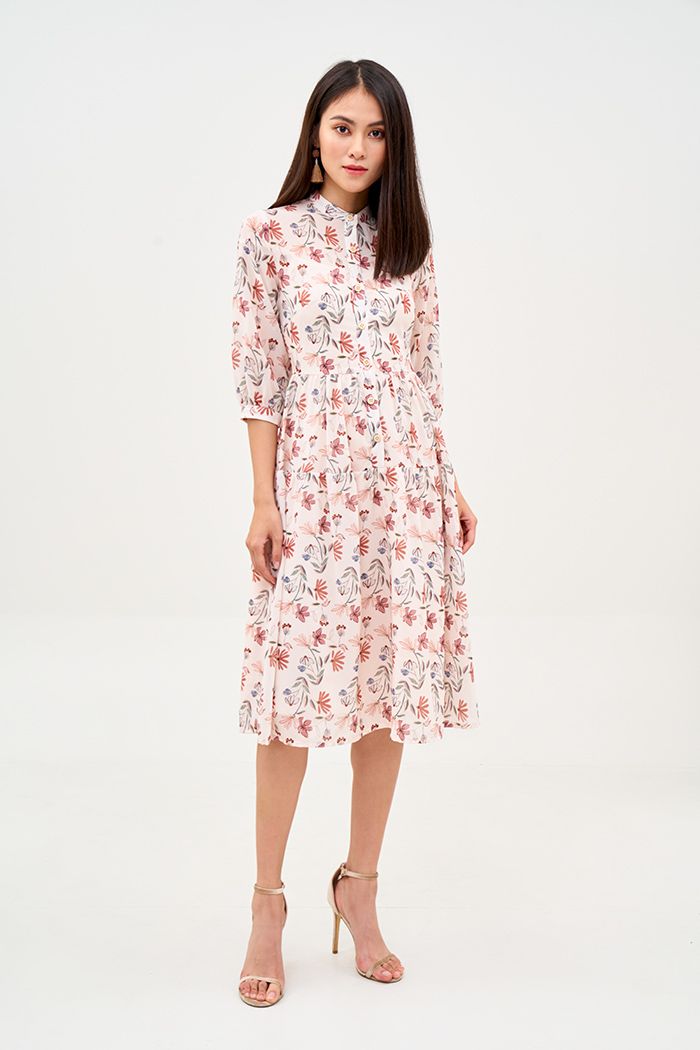 Đầm midi in hoạ tiết fall nẹp nút lót lụa