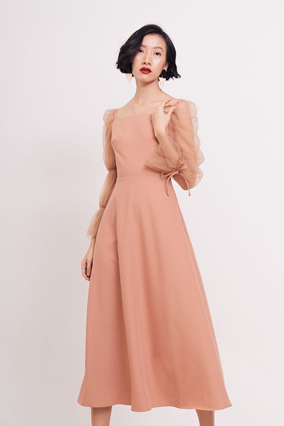 Đầm dài phối sheer nhún tay