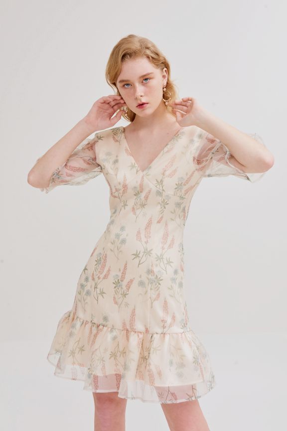 Đầm sheer in hoạ tiết spring 2019 rả bèo tùng