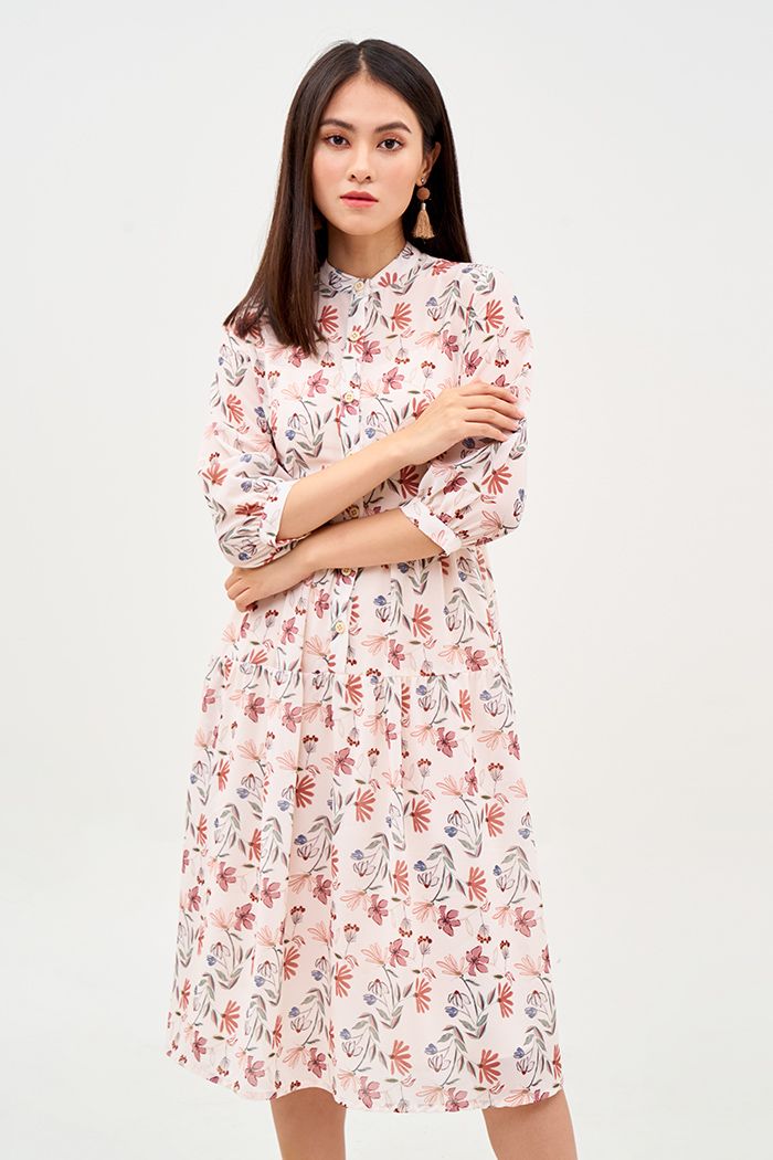 Đầm midi in hoạ tiết fall nẹp nút lót lụa