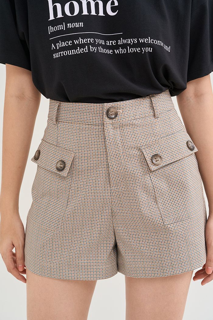 Quần short caro 2 túi hộp nhấn nút