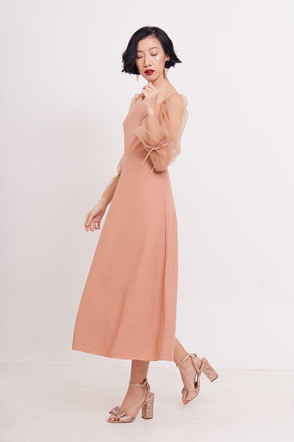 Đầm dài phối sheer nhún tay