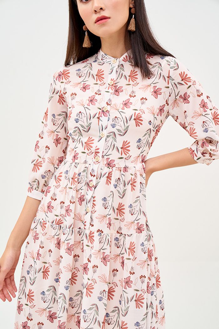 Đầm midi in hoạ tiết fall nẹp nút lót lụa