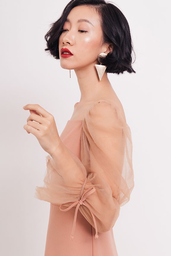 Đầm dài phối sheer nhún tay