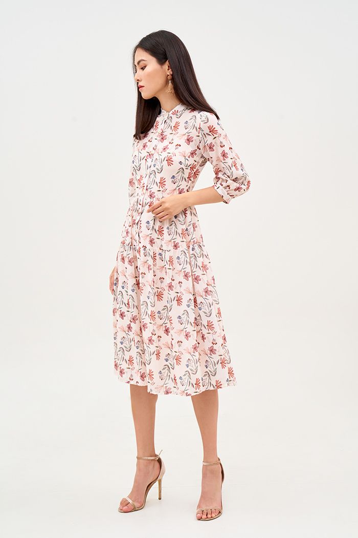 Đầm midi in hoạ tiết fall nẹp nút lót lụa