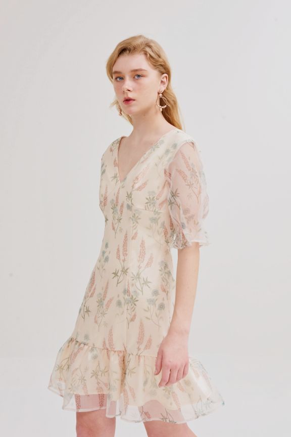 Đầm sheer in hoạ tiết spring 2019 rả bèo tùng