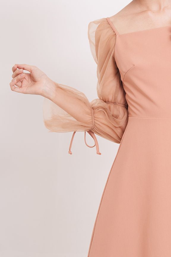 Đầm dài phối sheer nhún tay