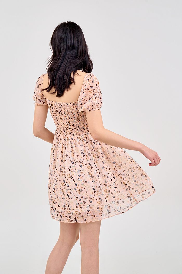 Đầm cổ vuông in hoa nhún thun thân trên