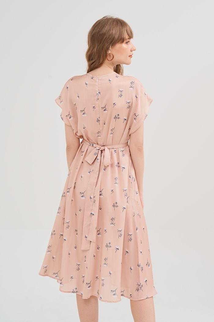 Đầm lụa midi in hoạ tiết fall19 tay liền
