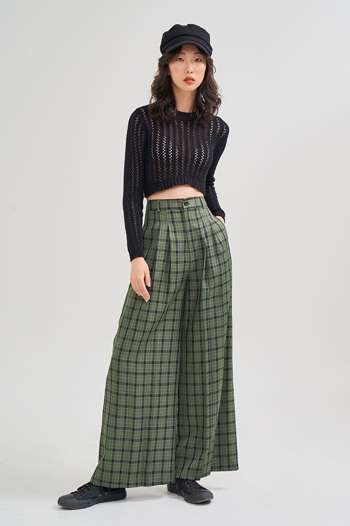 Áo thun croptop dệt kim tay dài đan hình thoi