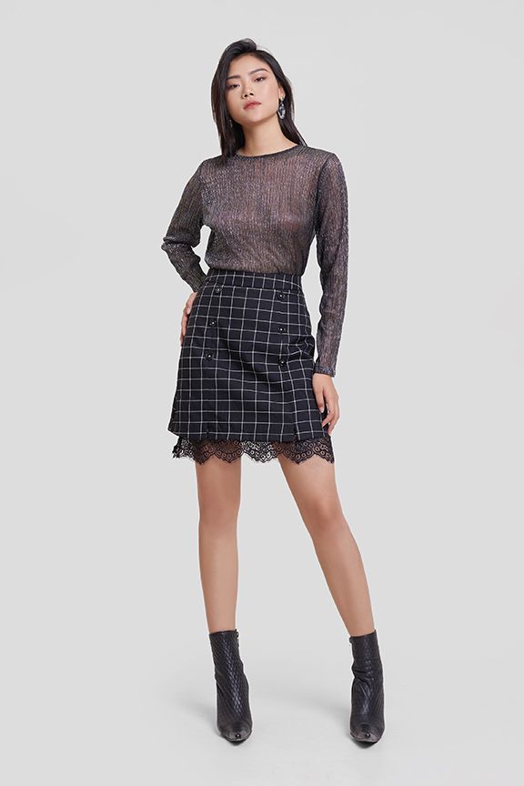 Váy caro đen phối ren