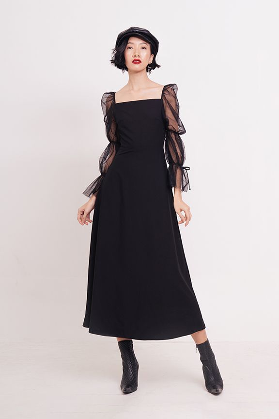 Đầm dài phối sheer nhún tay
