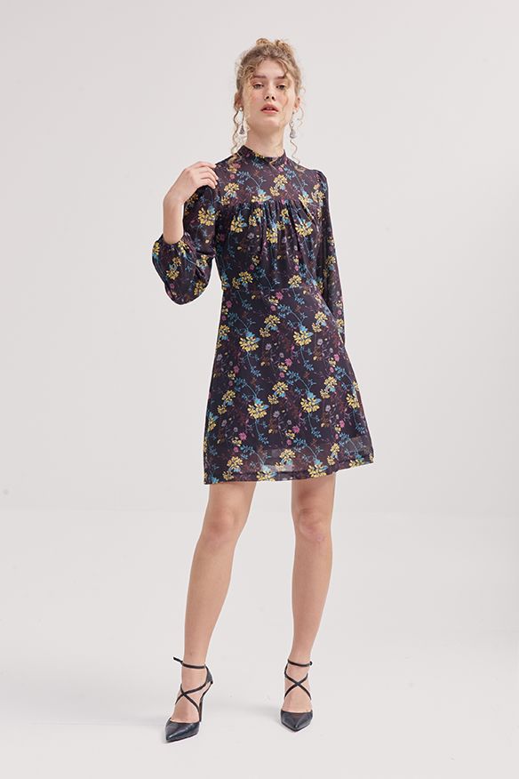 Đầm in hoạ tiết fw18 tay lở nhún vai